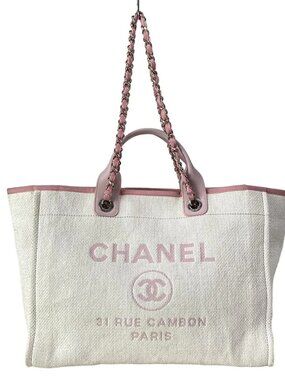 CHANEL Deauville Line White Pink Raffia Leather Tote Bag